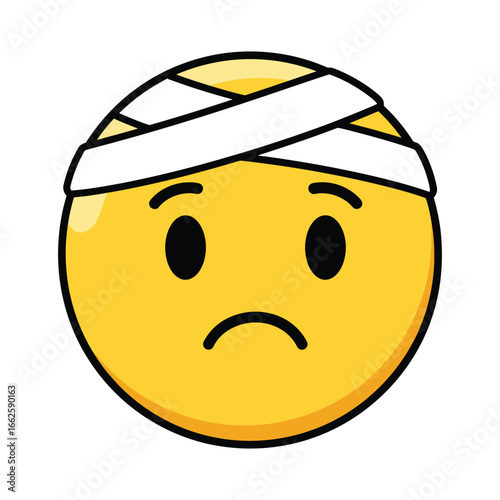 Sad emoji with a bandaged head, , symbolizing injury, pain, and the need for recovery