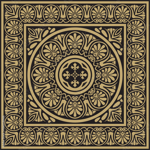 Vector gold and black classic Greek square ornament. Rectangle of Ancient Greece and Roman Empire. Byzantine painting of walls, floors and ceilings. Decoration of European palaces.
