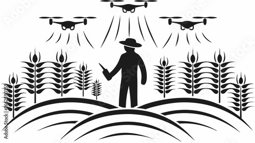 A farmer in a field with wheat plants is being monitored by drones in a black and white illustration silhouette