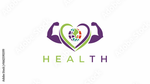 Illustration showing a heart shape with a globe inside and two muscular arms on either side representing health silhouette