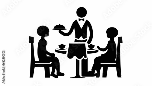 Silhouette illustration of a waiter serving two seated customers at a table in a restaurant setting