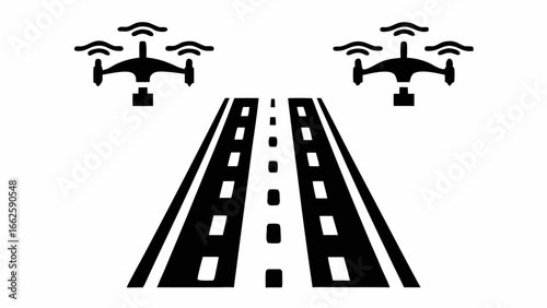 Two drones hovering above a road with dashed lines indicating lanes and direction of travel in black and white silhouette