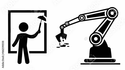 Silhouette of a person cleaning a window next to a robotic arm with liquid dripping down from its claw