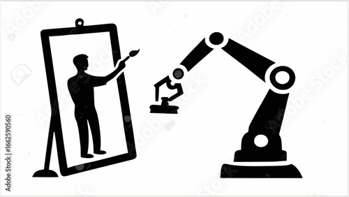 Silhouette of a person painting on a canvas next to a robotic arm holding a stamp in black and white