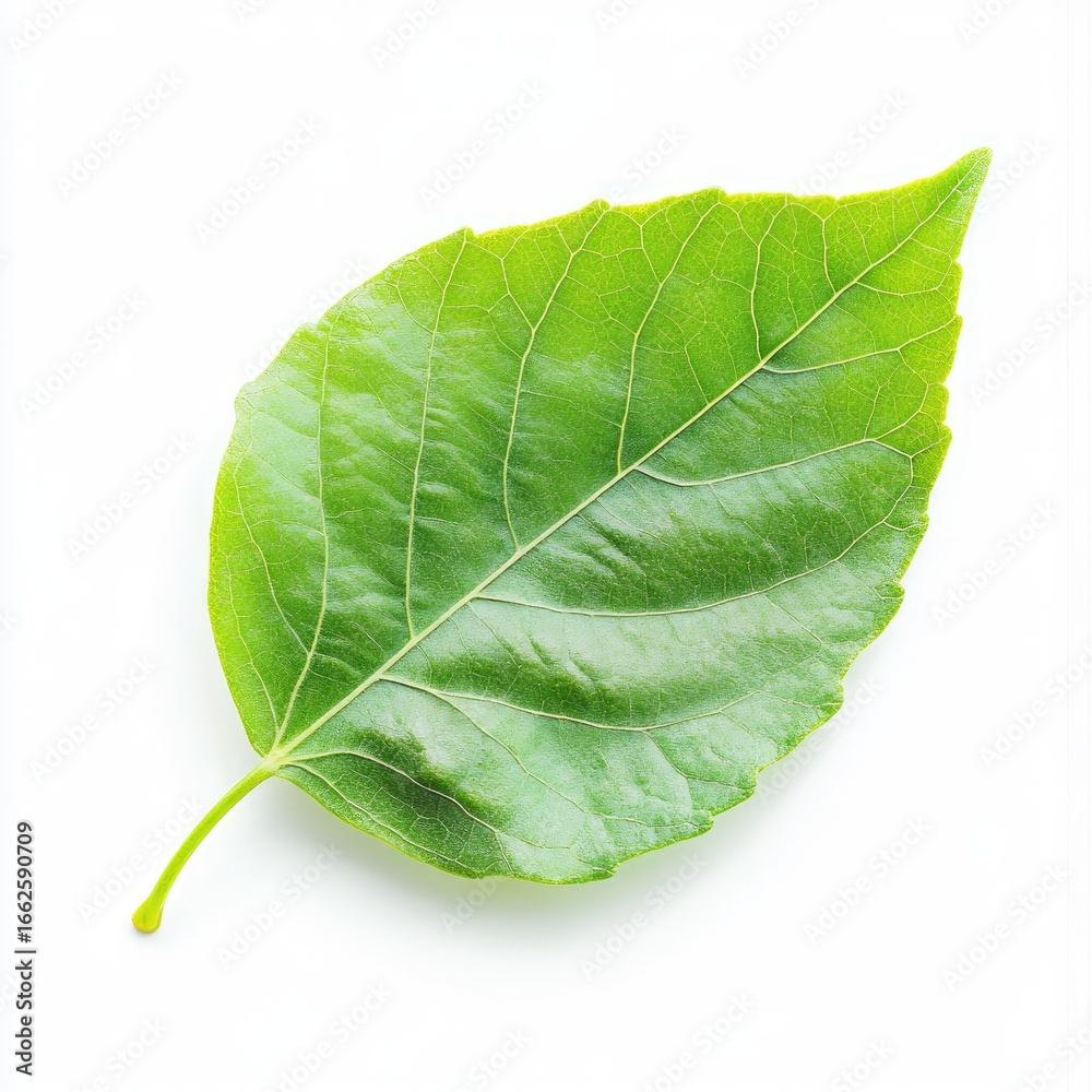 Obraz premium Single vibrant green leaf against white background