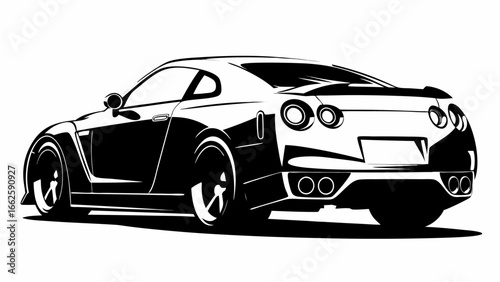 Rear view of a black and white sports car with a spoiler and visible exhaust pipes in a vector style silhouette
