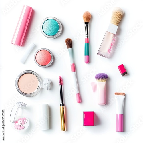 Flat lay of various makeup products in pastel colors against a white background.  A variety of cosmetic items, including lipsticks, eyeshadows, blushes, and makeup brushes are artfully arranged