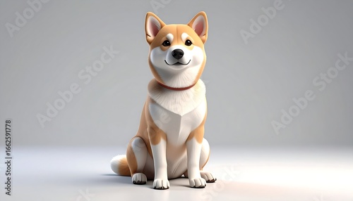 Adorable Shiba Inu with Red Collar Sitting Comfortably on a Light Gray Background