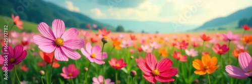 Vibrant cosmos flowers sway gently in a vast field, meadow, pink