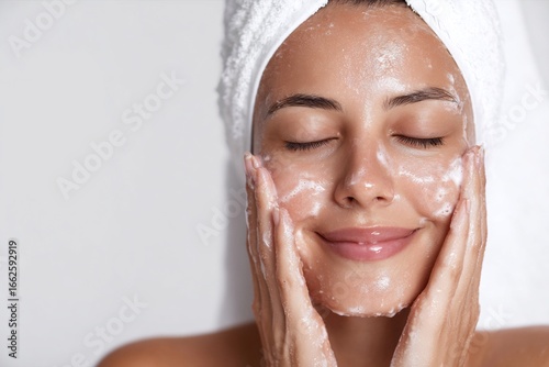 Beautiful woman with a towel on her head washing her face with foam.