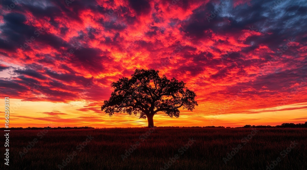 Fototapeta premium Silhouetted tree at fiery sunset (3)