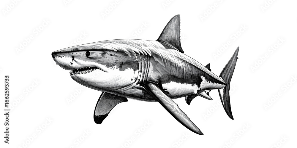 Fototapeta premium A stylized great white shark vector illustration swims with powerful fins in the deep blue ocean