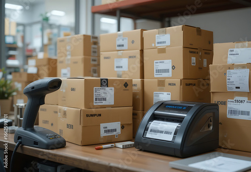 Warehouse desk with barcode scanner, printer, and cardboard shipping boxes