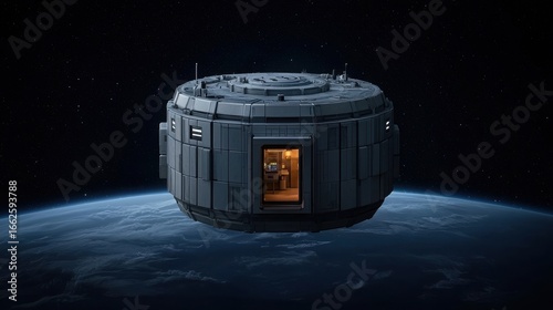 Fototapeta Naklejka Na Ścianę i Meble -  Fantistic Frontiers Concept. Futuristic Space Habitat Station Orbiting Earth with Open Door to Inside View