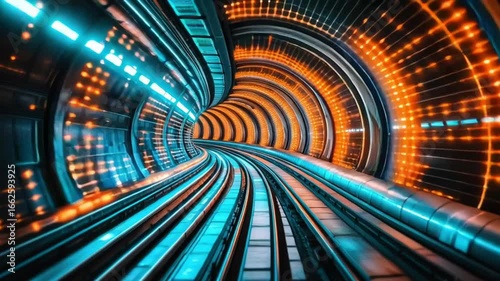 Vibrant Neon Tunnel with Glowing Blue and Orange Lights Showcases Futuristic Design and Mesmerizing Visual Experience with Dynamic Patterns