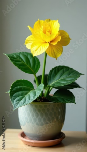 Single yellow begonia in a classic ceramic pot, yellow, colorful