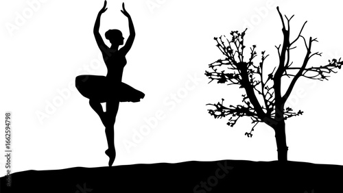 Silhouette of a ballerina in a tutu with arms raised next to a bare tree on a black hill against white sky