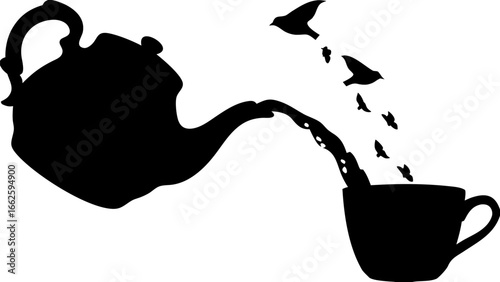 Silhouette of a teapot pouring liquid into a cup with birds flying out of the liquid stream design