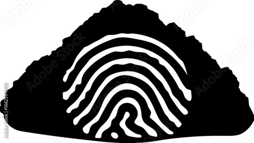A black and white image of a fingerprint pattern inside a triangular shape with rough edges design element silhouette