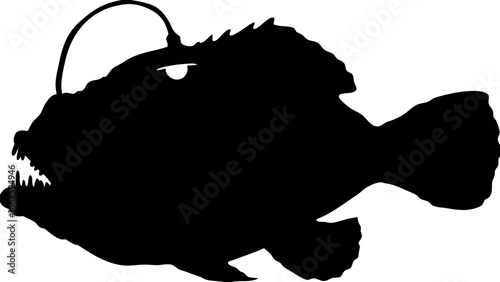 Silhouette of an anglerfish with sharp teeth and a bioluminescent lure extending from its head area
