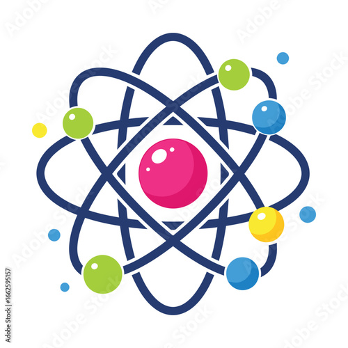 Stylized illustration of an atom with colorful orbiting electrons and a central nucleus, representing science, physics, and chemistry concepts