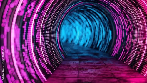 Vibrant Neon Tunnel with Glowing Patterns and Colorful Lights Creates Futuristic Atmosphere, Inviting Exploration and Wonder Mesmerizing Experience