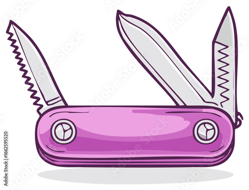 Pink multi-tool knife with open blades and serrated edges, cartoon style