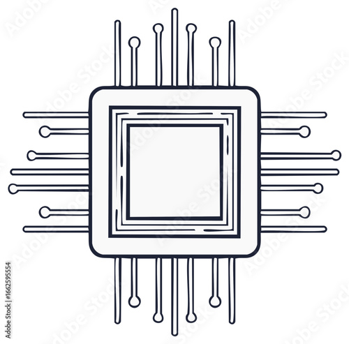 Outline graphic of a stylized central processing unit with multiple connection pins extending outwards