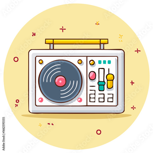 Stylized illustration of a DJ turntable and mixer with colorful controls and a record