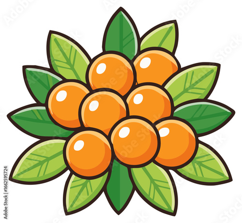 Cute cartoon vector illustration of a cluster of orange berries and green leaves