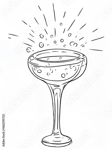 A 2D black and white line drawing of a classic champagne coupe glass.
