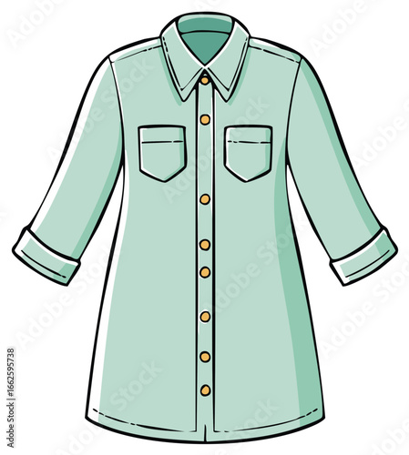 Light green shirt dress with long sleeves featuring two pockets and button down design