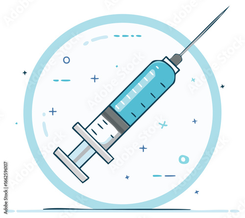 A medical syringe with blue liquid on a light blue circular background for injections or vaccinations