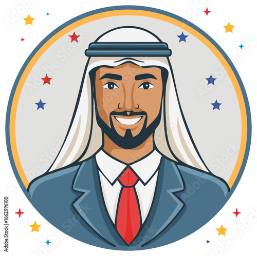 Smiling Arab man in traditional keffiyeh and modern suit with festive stars
