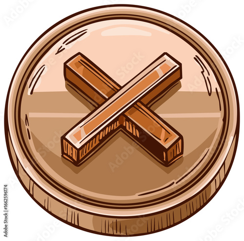 Round Coin with Wood Cross Graphic Denying Approval or Removal