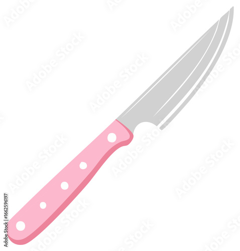 Sharp paring knife with silver blade and pastel pink handle, white accents and clean lines, illustration