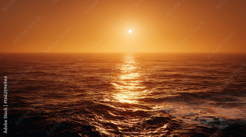 Obraz premium A cinematic photograph of a vast, tranquil ocean during the golden hour. The sky is a seamless gradient of deep orange and radiant gold, reflecting on the sea's surface like liquid bronze. The 