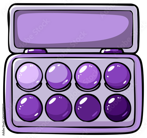 Vector cartoon illustration of an open purple cosmetic palette featuring eight round pans with vibrant violet colors