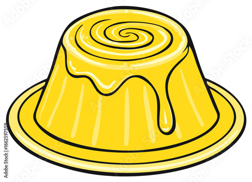 Yellow jelly dessert with dripping glaze and swirl on top served on a round plate