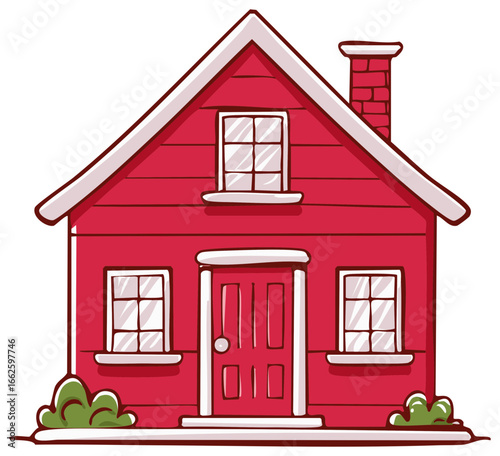Whimsical Cartoon Red House with White Trim Windows and Lush Green Shrubs