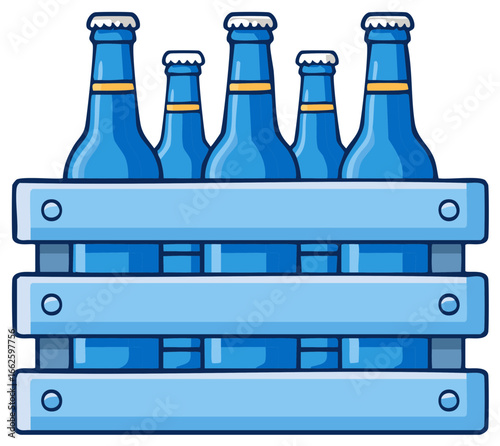 Cartoon Illustration of Blue Glass Bottles in a Wooden Crate for Beverage
