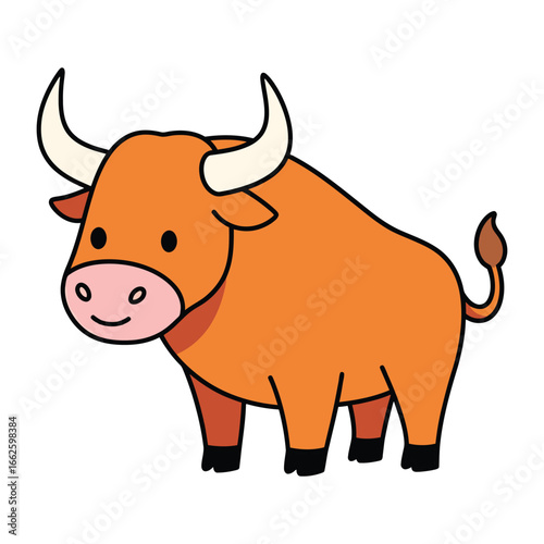 A cute cartoon illustration of a brown bull with white horns and a black tail, standing on four legs