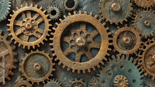 Gears and Cogs Arrangement Steampunk Style with Textured Surface Design