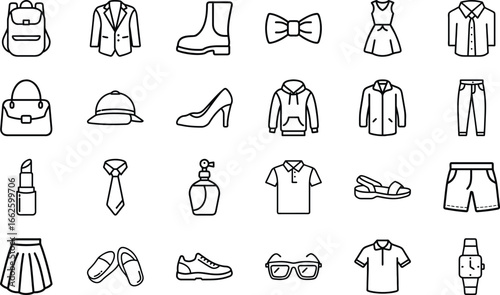 Collection of Fashion and Clothing Line Icons Including Bags, Shoes, Dresses, Jackets, Skirts, Accessories, and Watches for Modern Style and Apparel Design