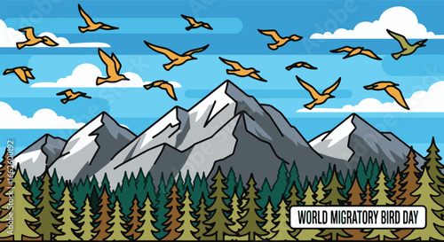 World Migratory Bird Day Birds Flying Over Majestic Mountains