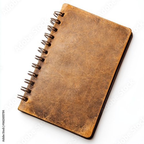 Vintage-look brown leather spiral-bound notebook on white background