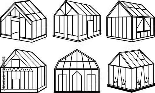 Set of greenhouse outline vector illustration line art