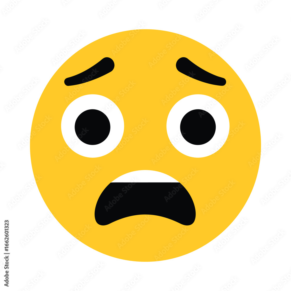Fototapeta premium A shocked and scared yellow emoji face with wide eyes and a gaping open mouth, isolated on a, conveying fear and surprise