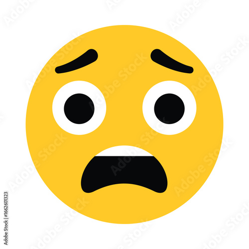 A shocked and scared yellow emoji face with wide eyes and a gaping open mouth, isolated on a, conveying fear and surprise