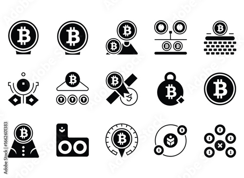 Bitcoin cryptocurrency concept icons collection black and white digital money financial technology blockchain future investment decentralized